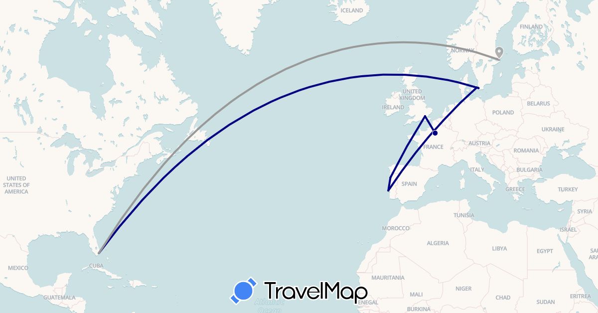TravelMap itinerary: driving, plane in Belgium, Denmark, France, United Kingdom, Norway, Portugal, Sweden, United States (Europe, North America)
